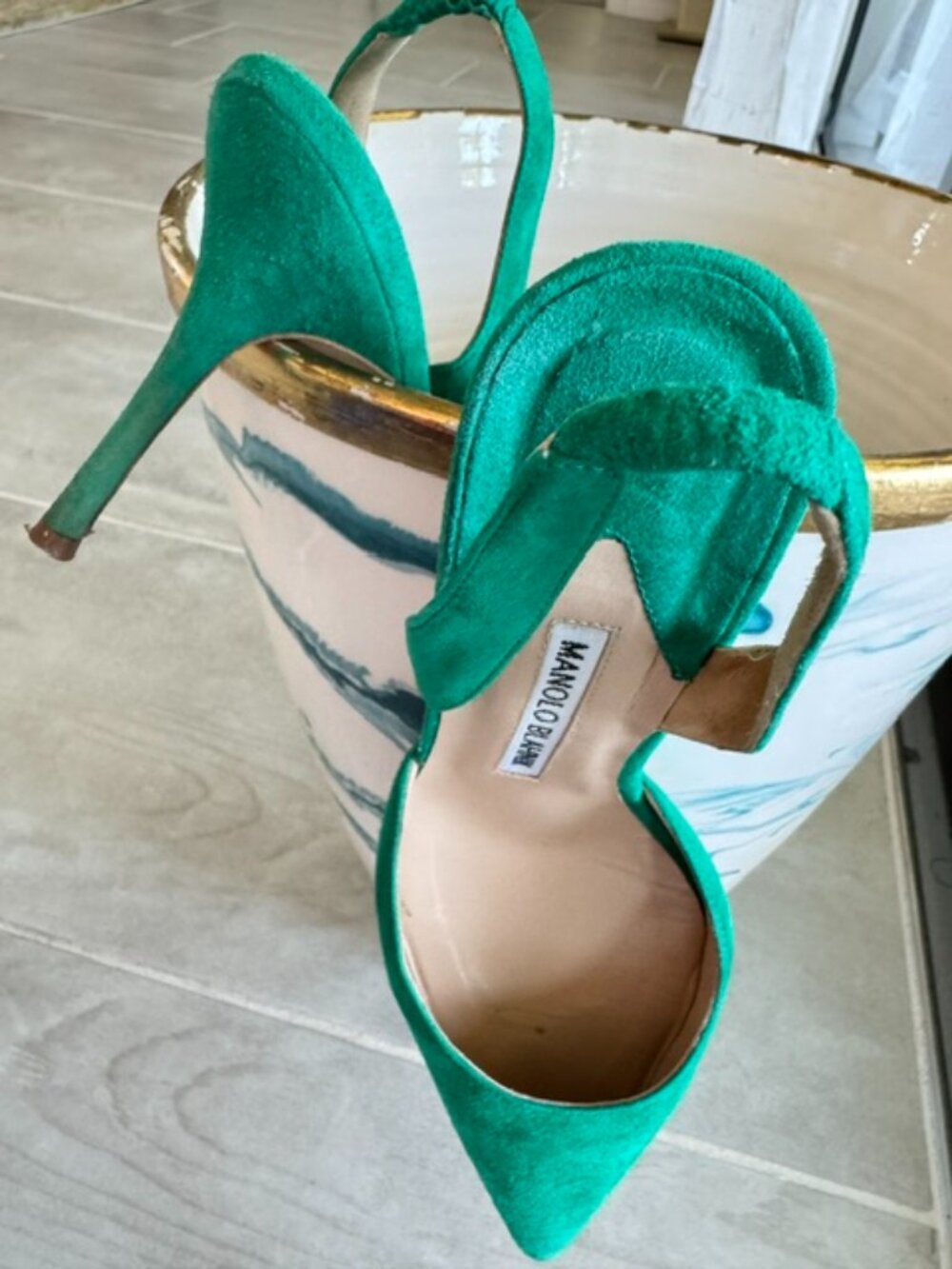 Manolo Blahnik Green Suede Pointed-Toe Slingback Heels, size 36.5 (US 6.5) - Picture 5 of 6